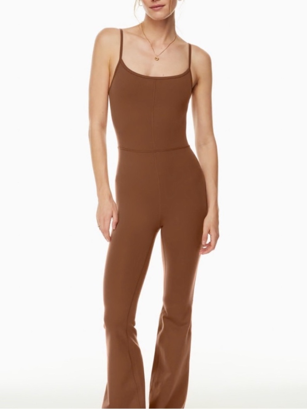 Aritzia Wilfred Free Cognac Brown Divinity Kick Flare Active Jumpsuit Sz L